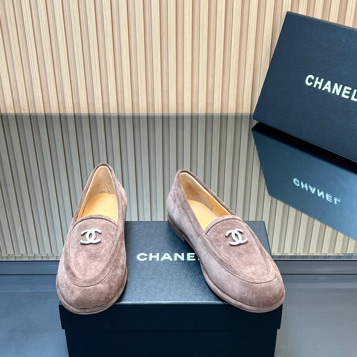 Chanel 25S Teddy Loafer 15mm in Taupe Gray Suede Silver Hardwre