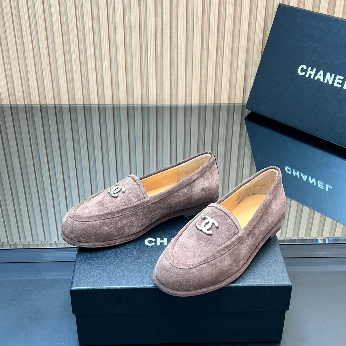 Chanel 25S Teddy Loafer 15mm in Taupe Gray Suede Silver Hardwre