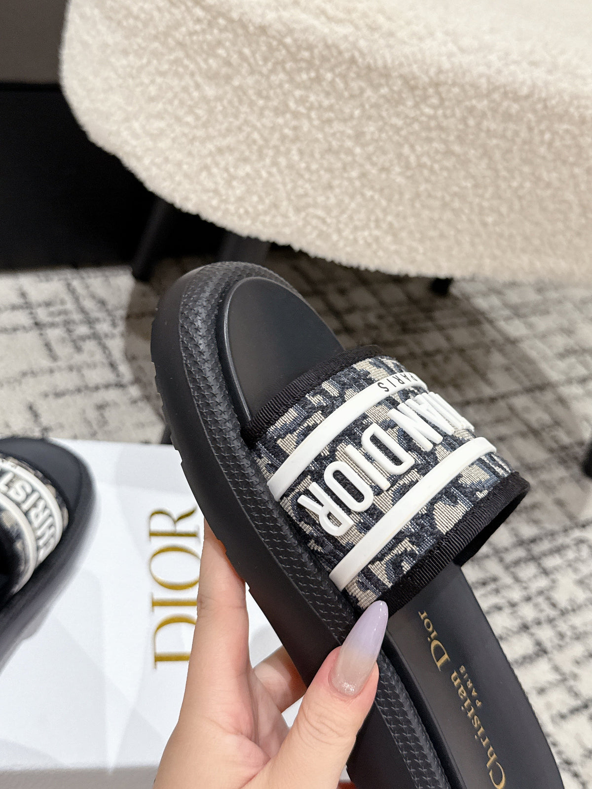 Dior Slides 25S in Black Lambskin and Fabirc with Brand Logo Style 3