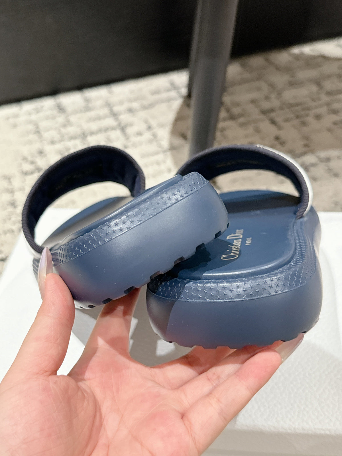 Dior Slides 25S in Dusty Navy Blue Lambskin and Fabirc with Brand Logo Style 2