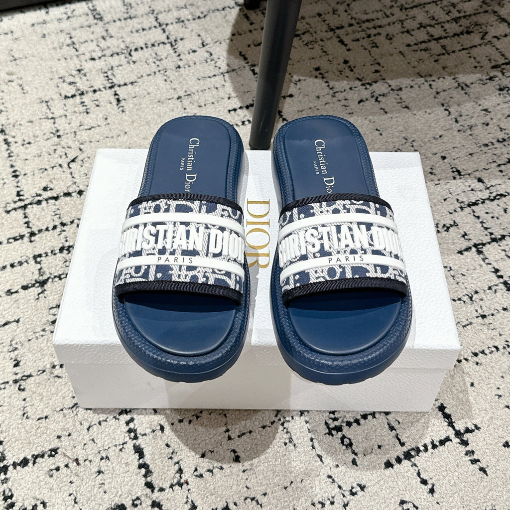Dior Slides 25S in Dusty Navy Blue Lambskin and Fabirc with Brand Logo Style 2