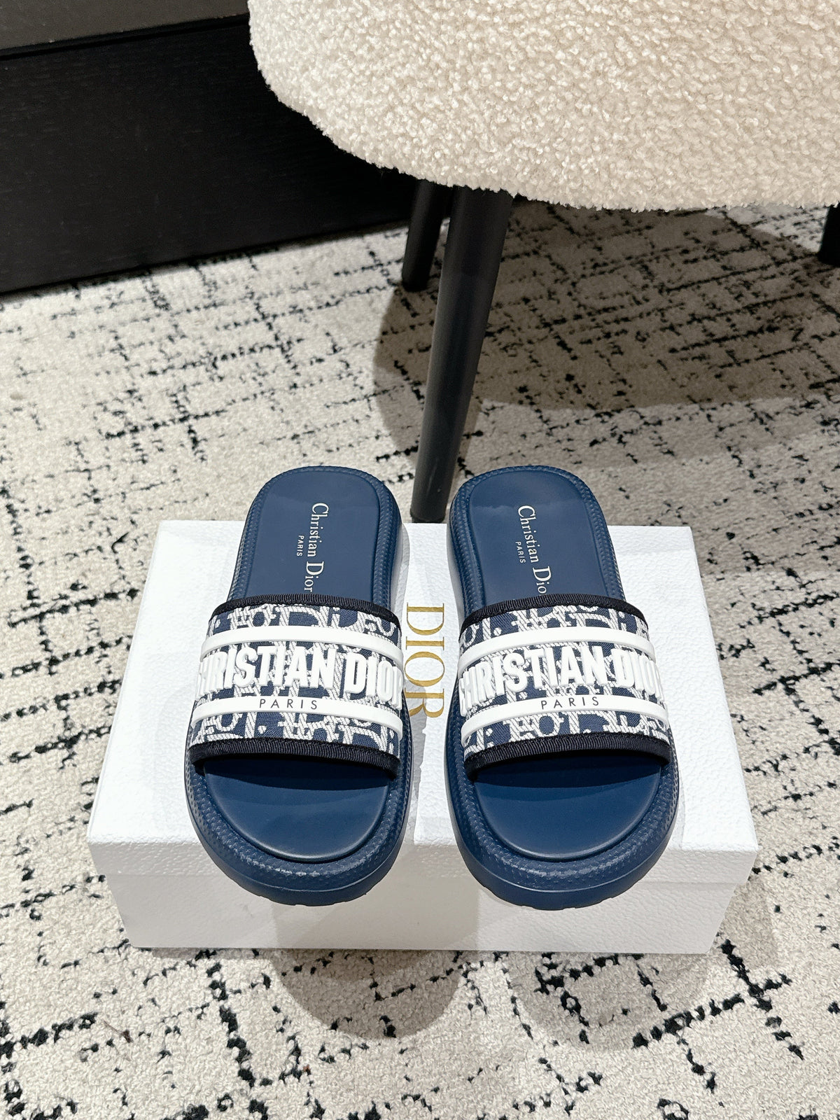 Dior Slides 25S in Dusty Navy Blue Lambskin and Fabirc with Brand Logo Style 2