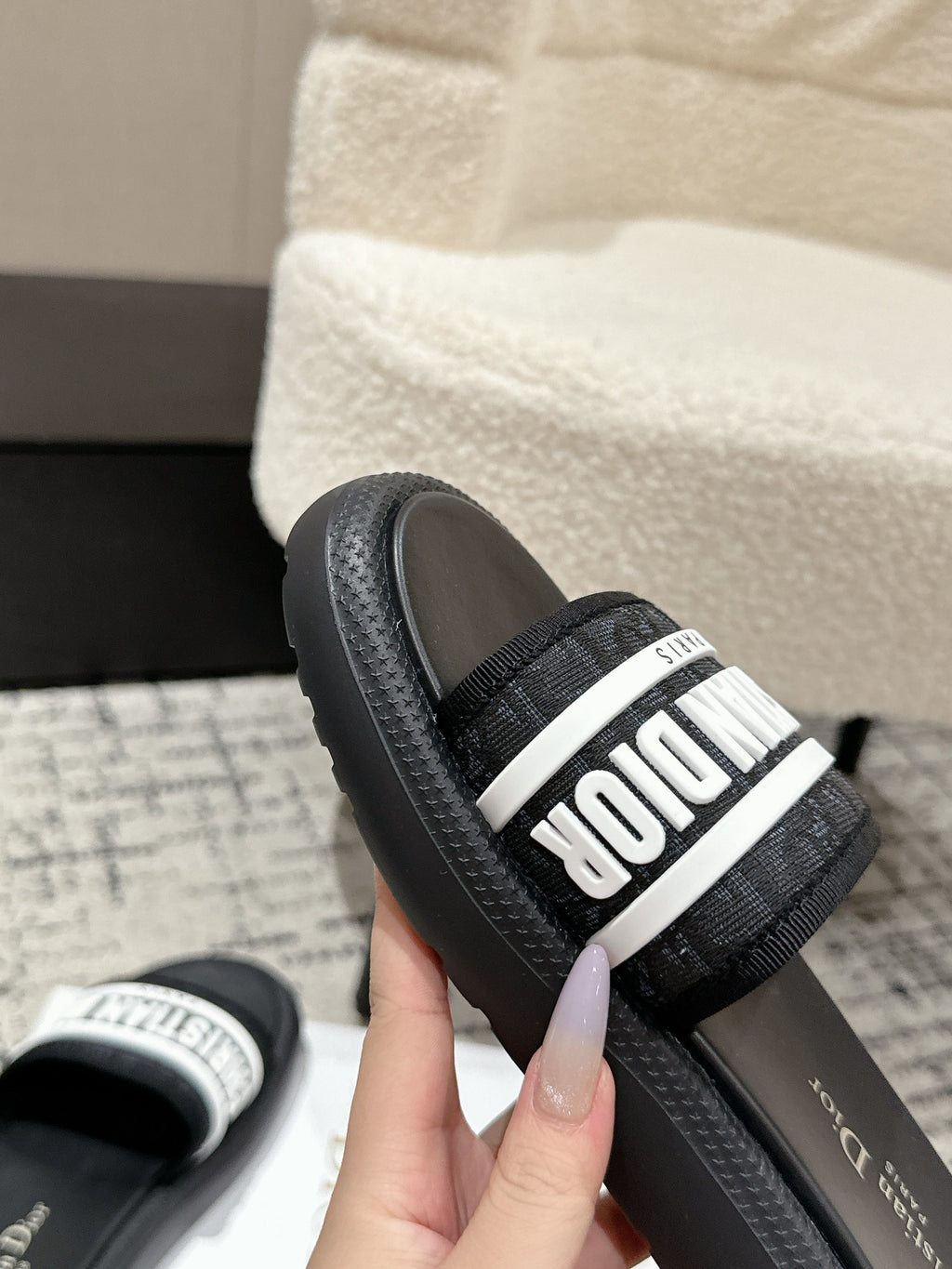 Dior Slides 25S in Black Lambskin and Fabirc with Brand Logo Style 1