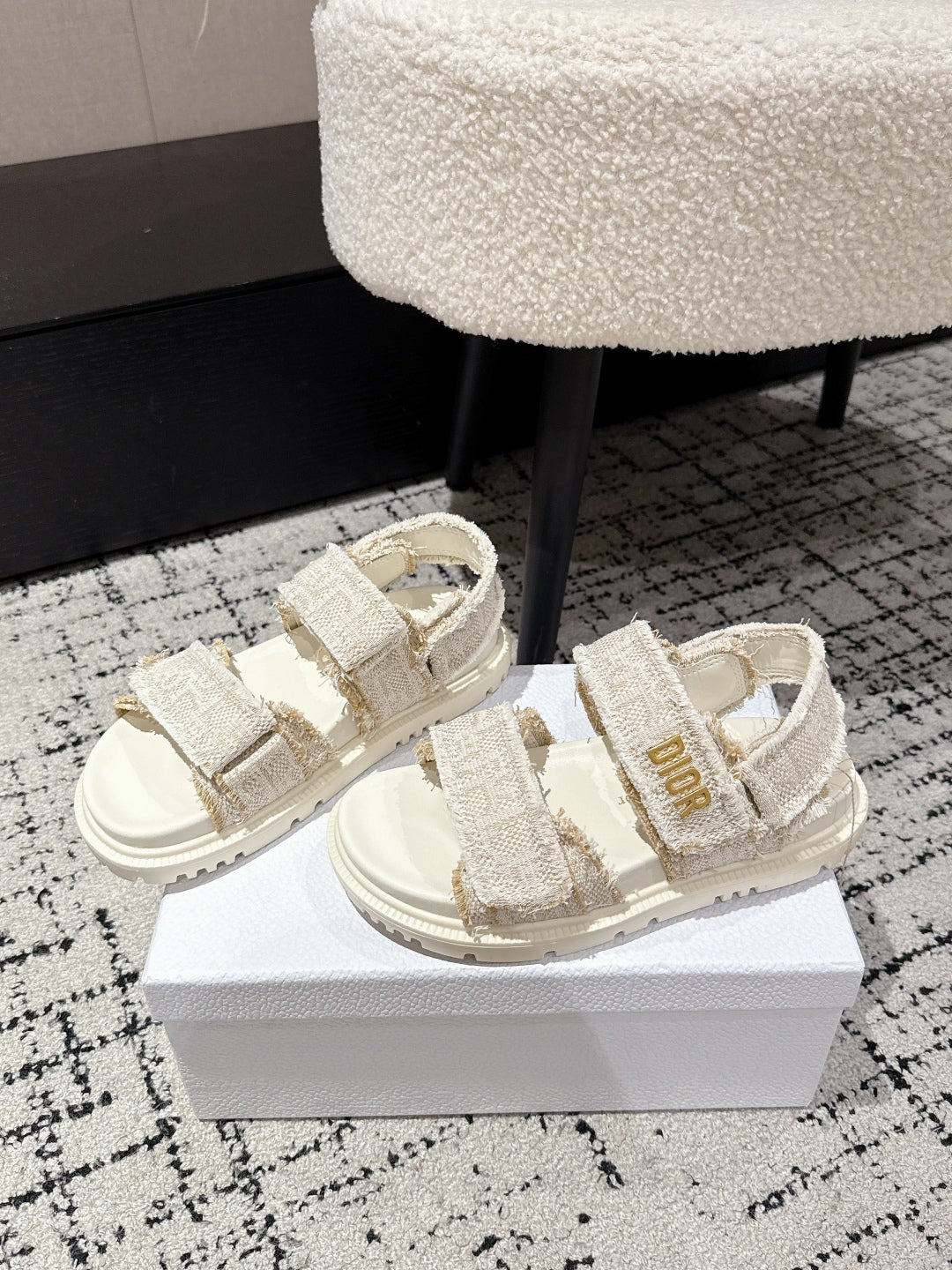Dior Back-Strap Sandals 25S in Cream White Tweed and Calfskin with Gold Hardware