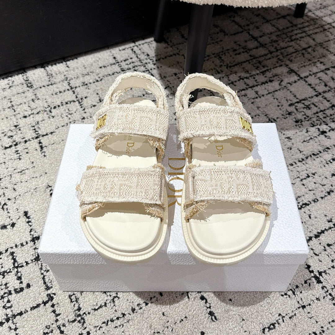 Dior Back-Strap Sandals 25S in Cream White Tweed and Calfskin with Gold Hardware