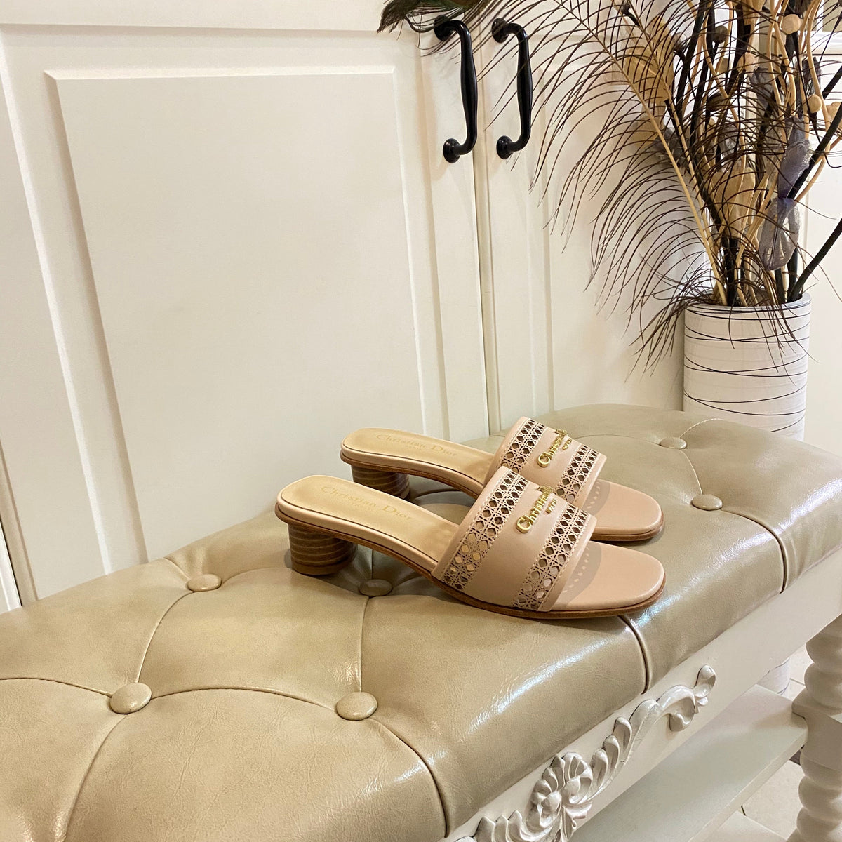 Dior Dway Heeled Slide in Camel Beige Calfskin with Gold Logo