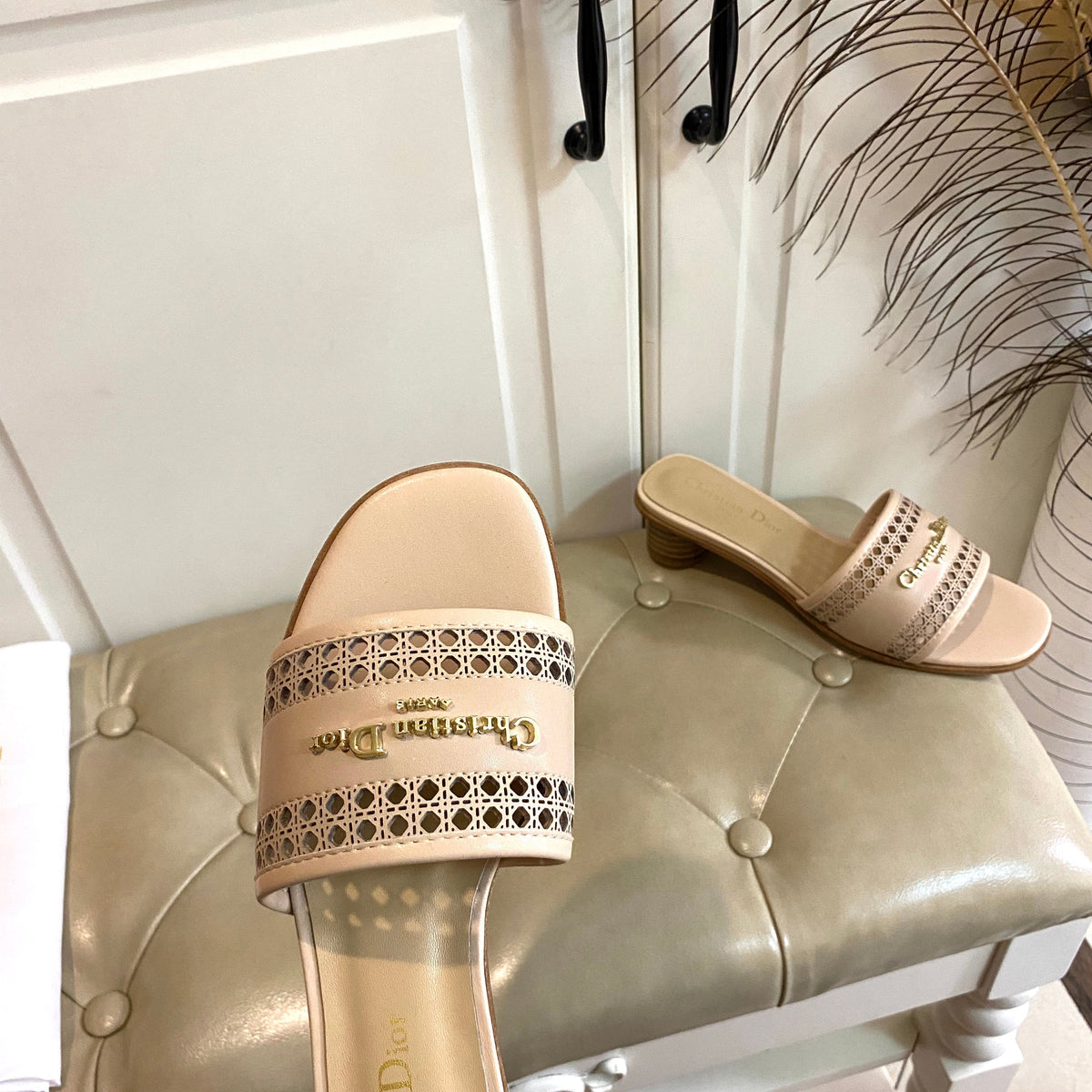 Dior Dway Heeled Slide in Camel Beige Calfskin with Gold Logo