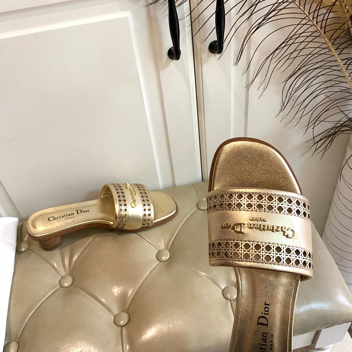 Dior Dway Heeled Slide in Gold Calfskin with Gold Logo