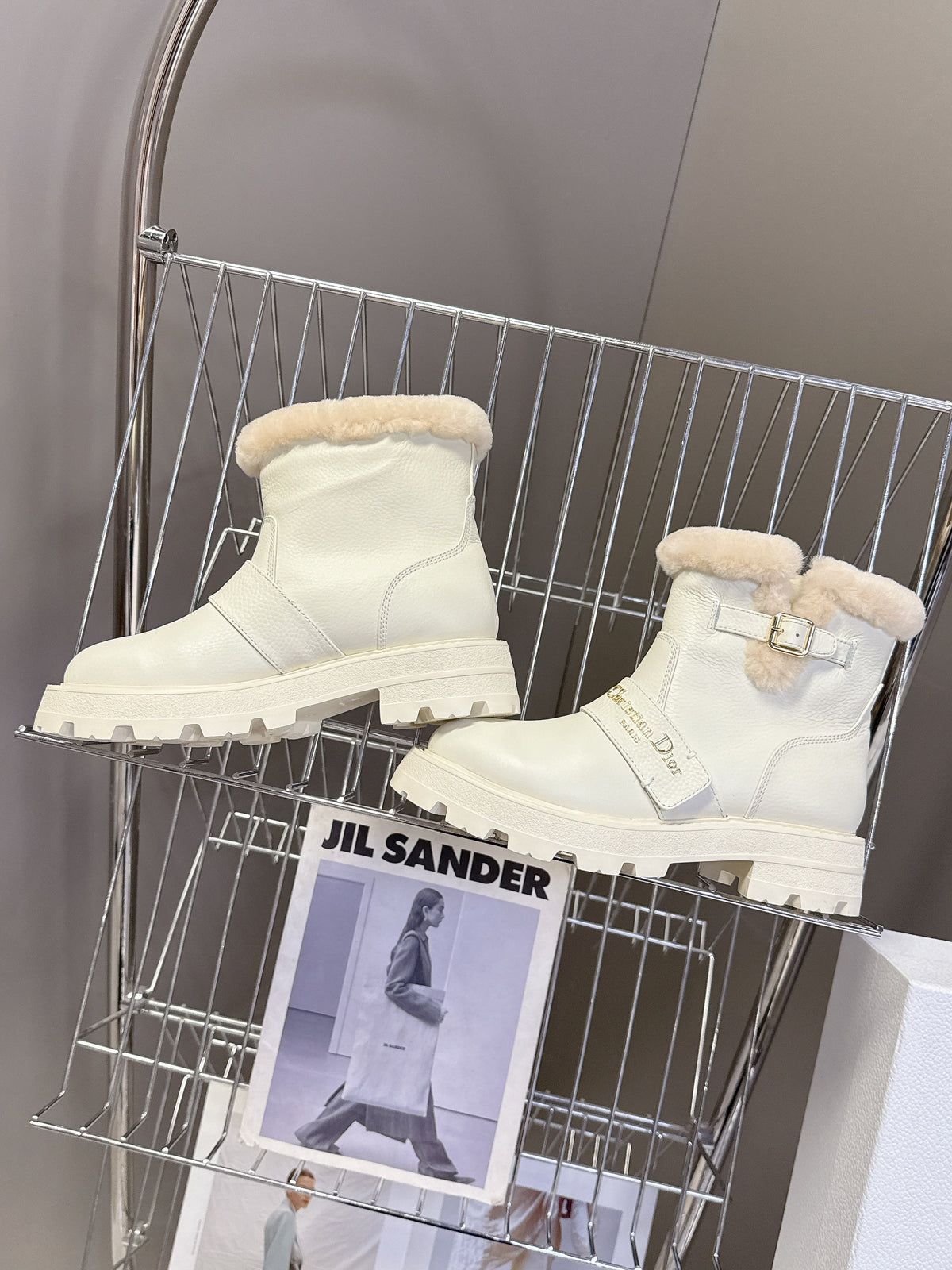Dior Alps Ankle Boots 25S in White Lambskin and Beige Wool with Gold Hardware