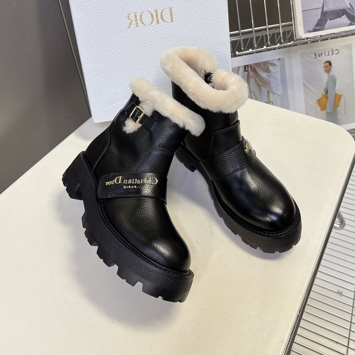 Dior Alps Ankle Boots 25S in Black Lambskin and Beige Wool with Silver Hardware