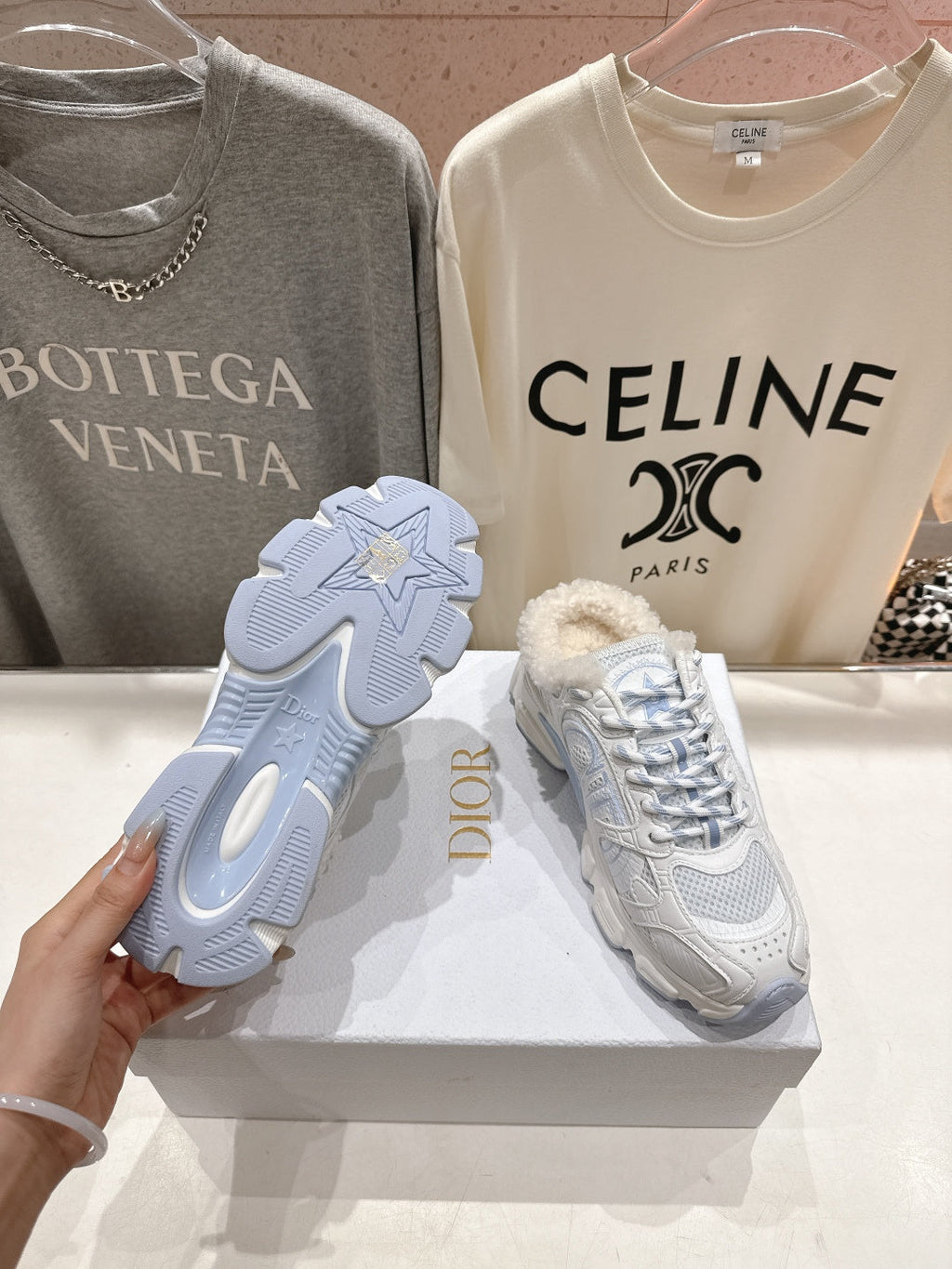 Dior Chrono Sneaker 25S in White Mix Blue Lambskin and Mesh Fabric Style 9