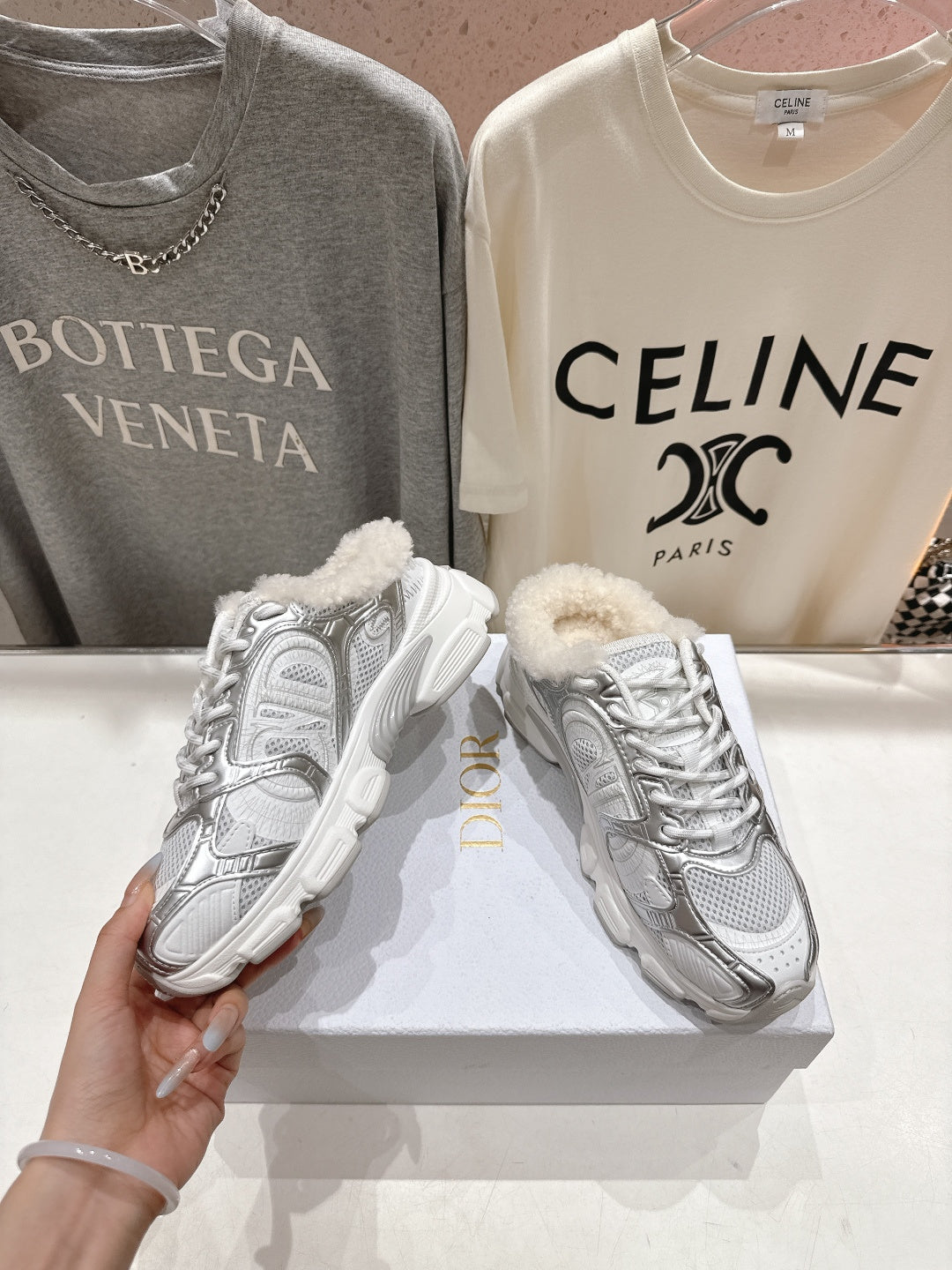 Dior Chrono Sneaker 25S in Silver Mix White Lambskin and Mesh Fabric Style 5