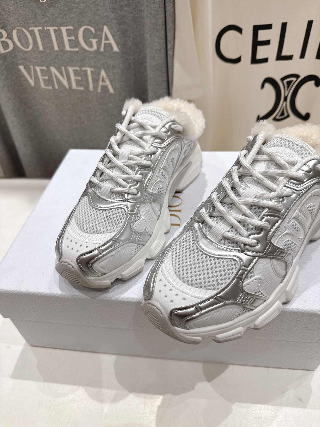 Dior Chrono Sneaker 25S in Silver Mix White Lambskin and Mesh Fabric Style 5