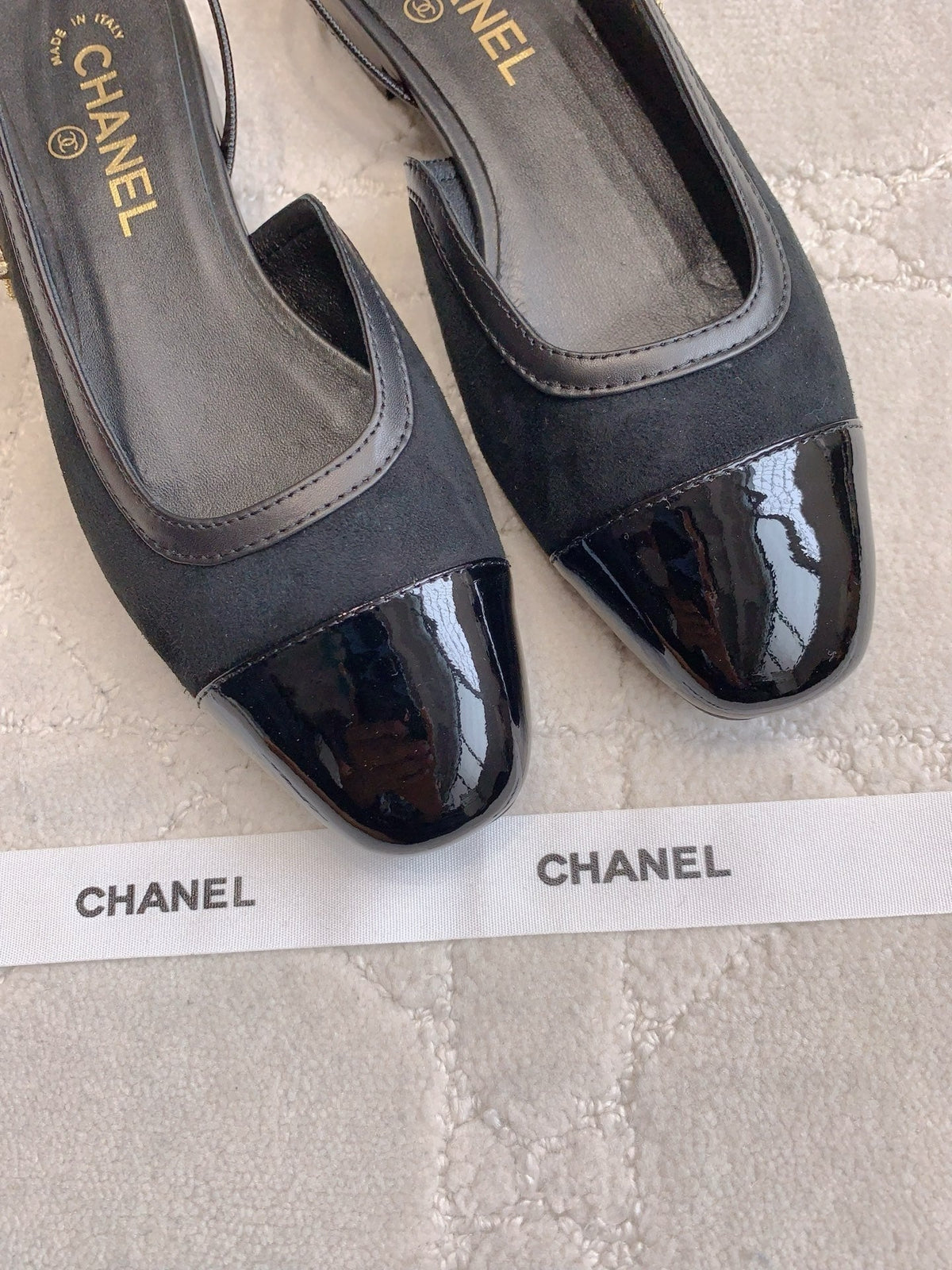 Chanel 25S Slingback in Black Calfskin and Suede Gold Hardware