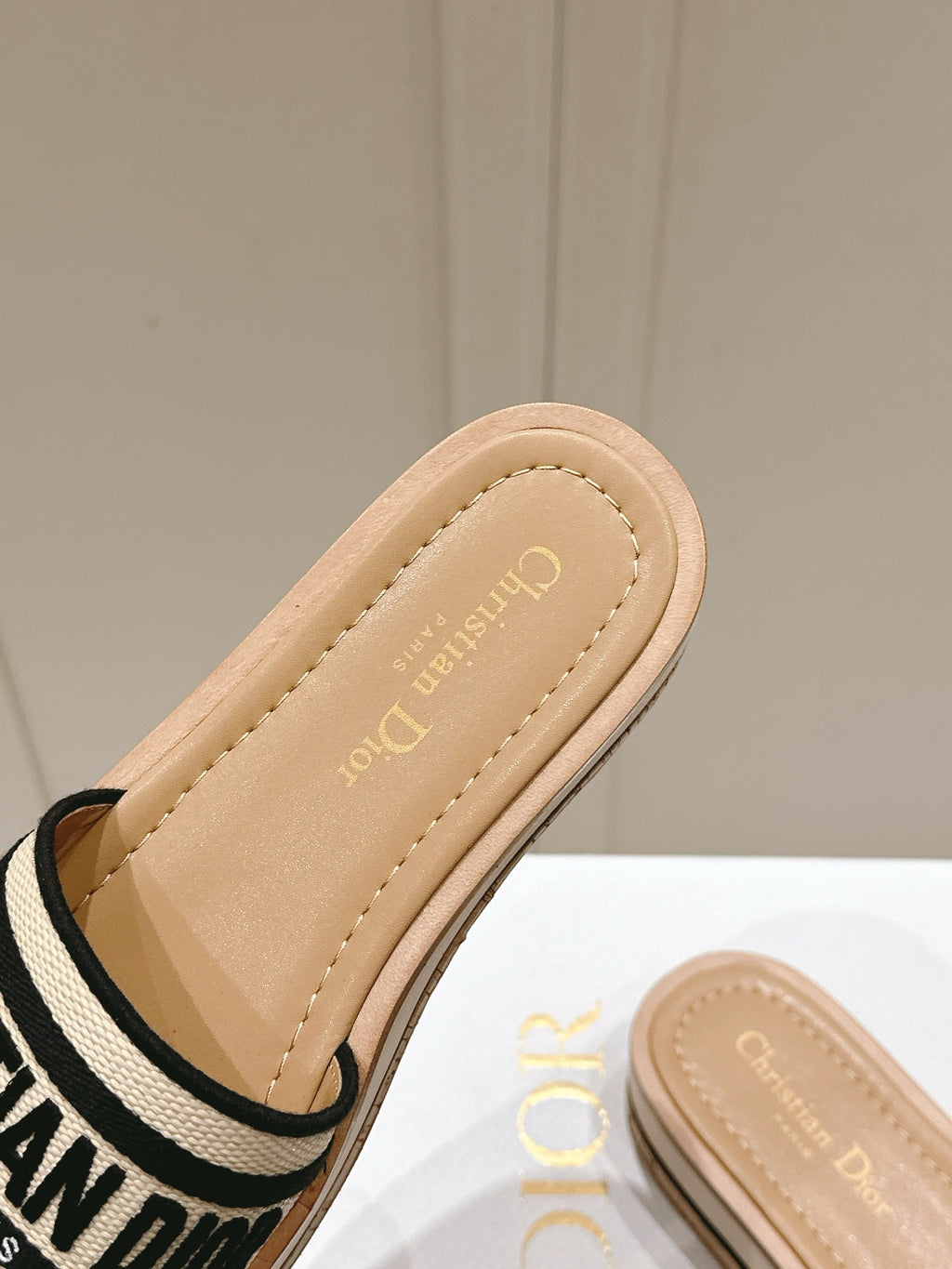 Dior Dway Wedge Slides 45mm in Beige and Black Fabric Raffia Sole