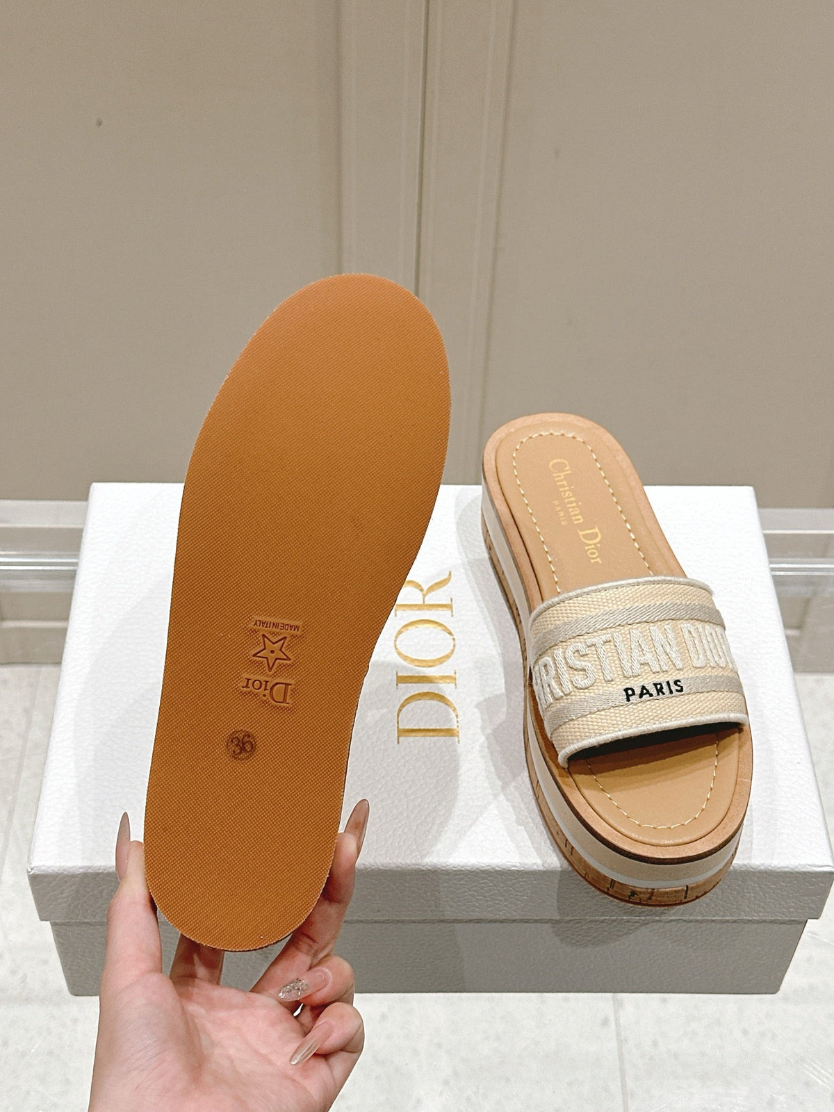 Dior Dway Wedge Slides 45mm in Beige Fabric Raffia Sole