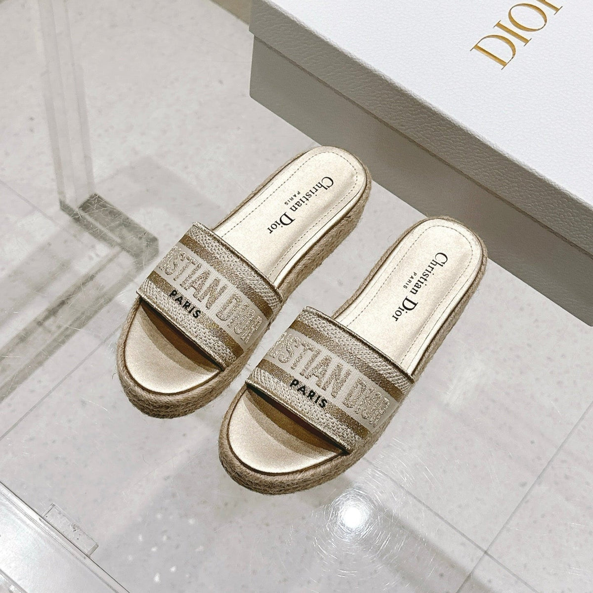 Dior Dway Wedge Slides 45mm in Warm Greige Fabric Raffia Sole