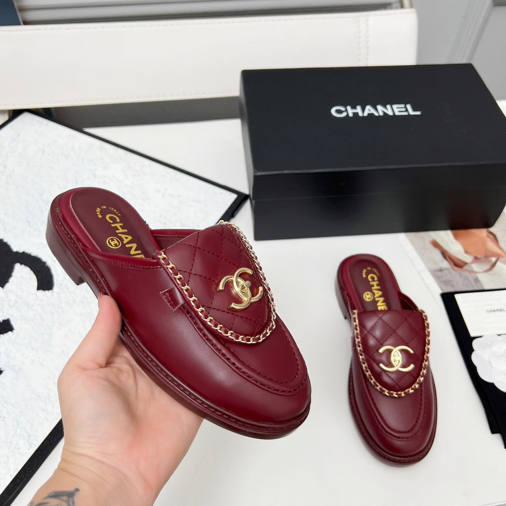 Chanel 25S Mules with Chain Detail in Burgundy Calfskin Gold Hardwre