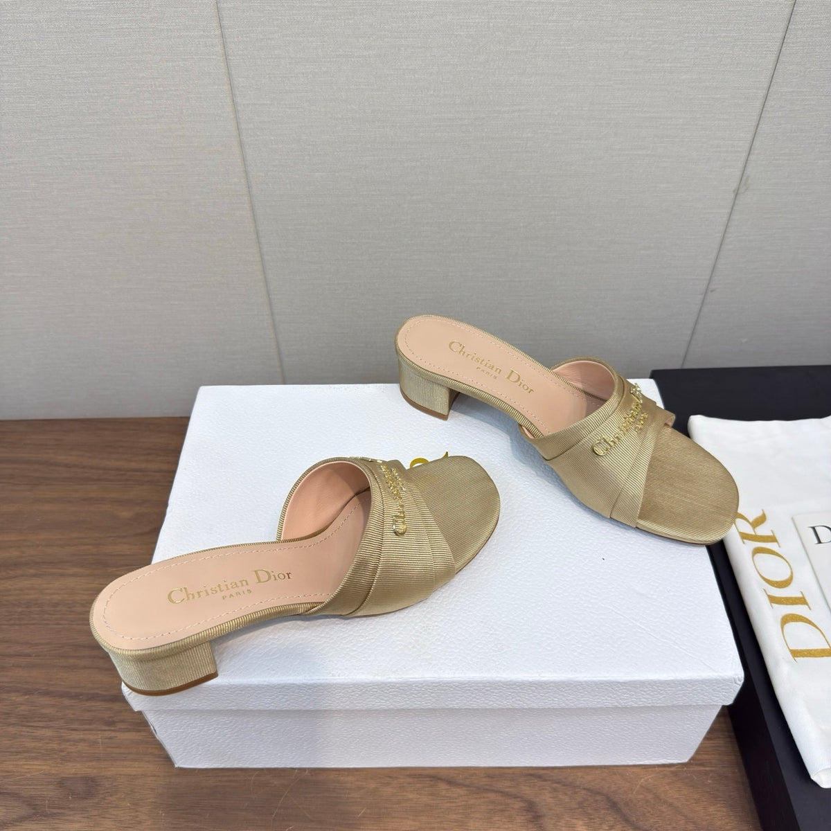 Dior High Heel 25S 45 mm in Beige Fabric with Gold Hardware