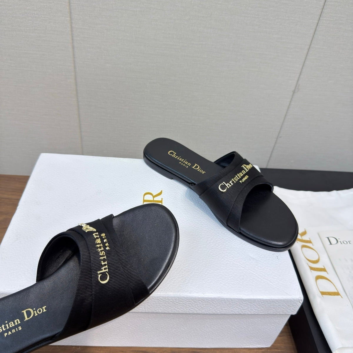 Dior Sandal 25S in Black Lambskin and Fabric with Gold Hardware