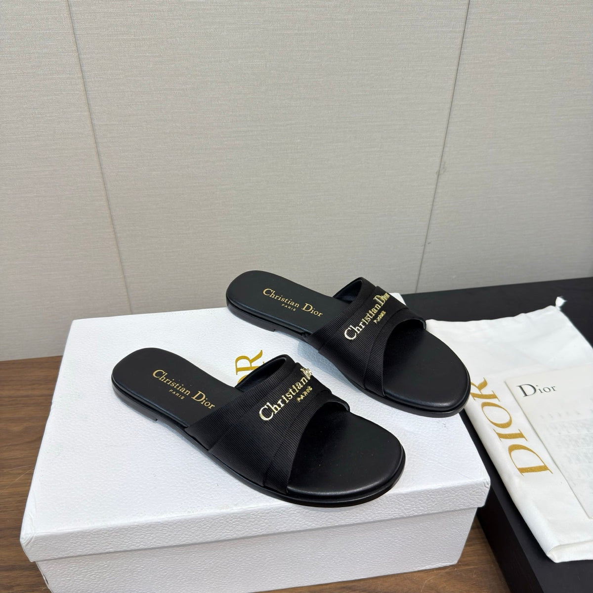 Dior Sandal 25S in Black Lambskin and Fabric with Gold Hardware