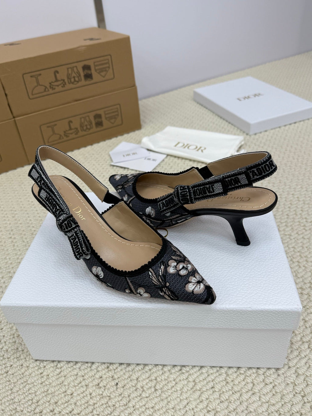 Dior High Slingback 65 mm 25S in Black Fabric and Floral Pattern