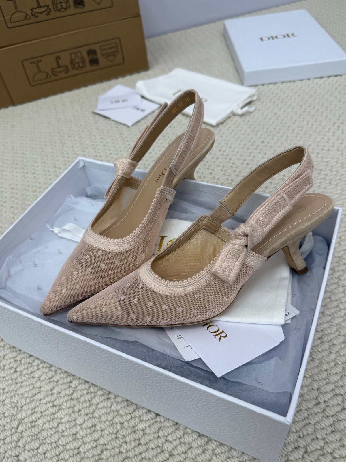 Dior High Slingback 65 mm 25S in Nude Lace Net Fabric and Suede