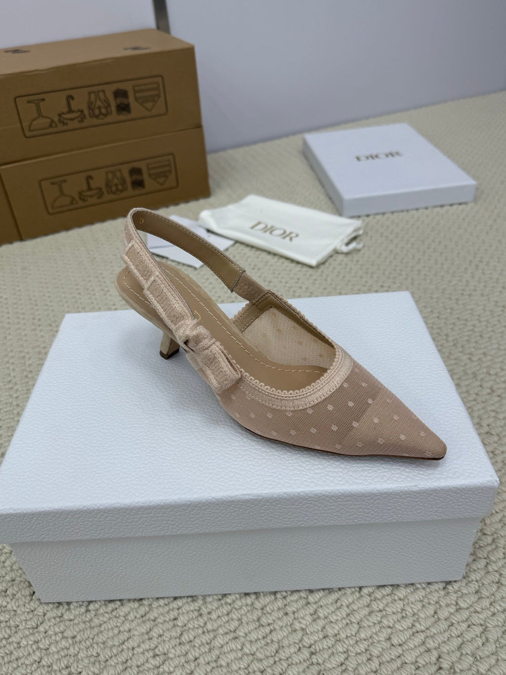 Dior High Slingback 65 mm 25S in Nude Lace Net Fabric and Suede