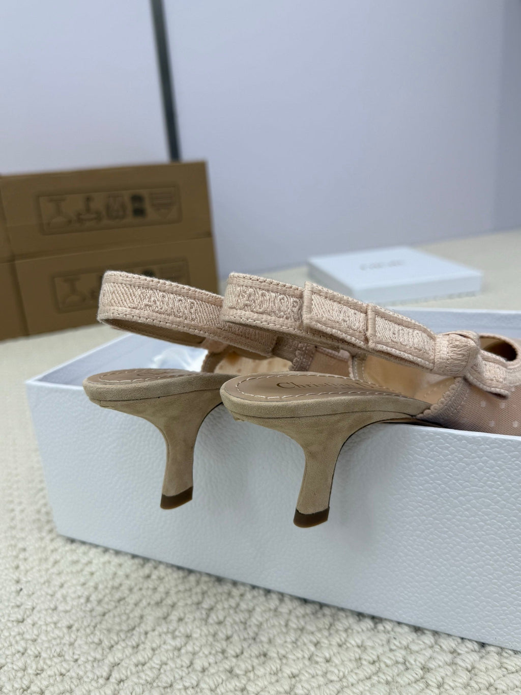 Dior High Slingback 65 mm 25S in Nude Lace Net Fabric and Suede