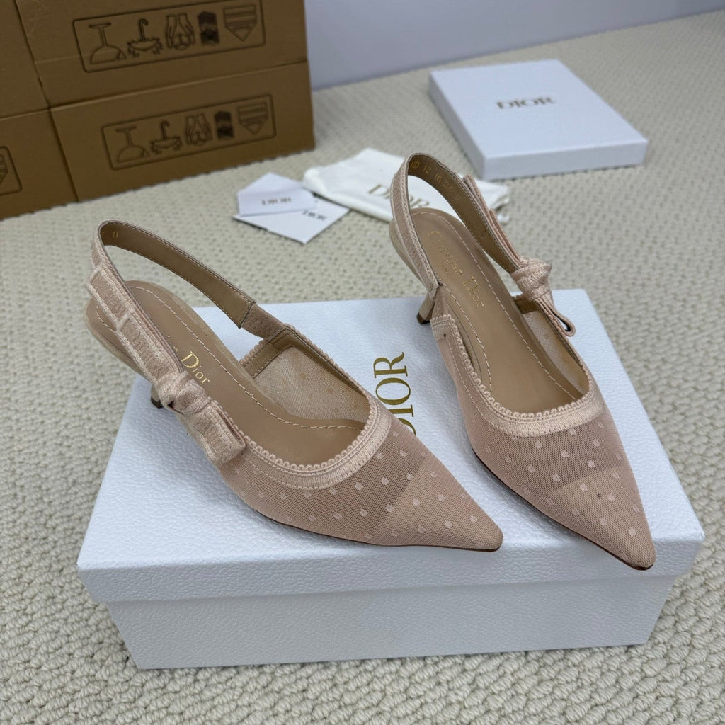 Dior High Slingback 65 mm 25S in Nude Lace Net Fabric and Suede