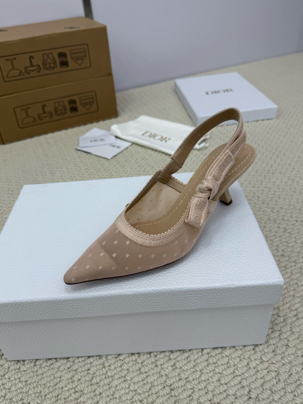 Dior High Slingback 65 mm 25S in Nude Lace Net Fabric and Suede