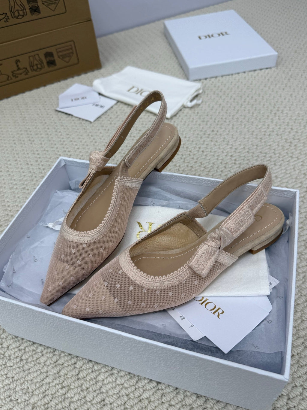 Dior Flat Slingback 25S in Nude Lace Net Fabric and Suede