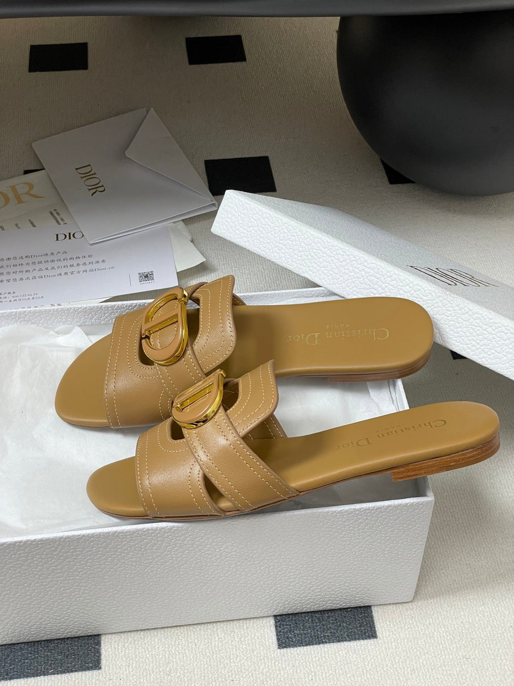 Dior Classic Montaigne Sandals 25S in Light Brown Lambskin with CD Logo