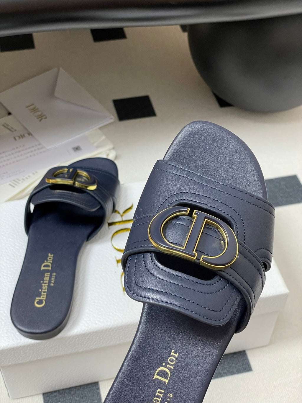 Dior Classic Montaigne Sandals 25S in Midnight Blue Lambskin with CD Logo