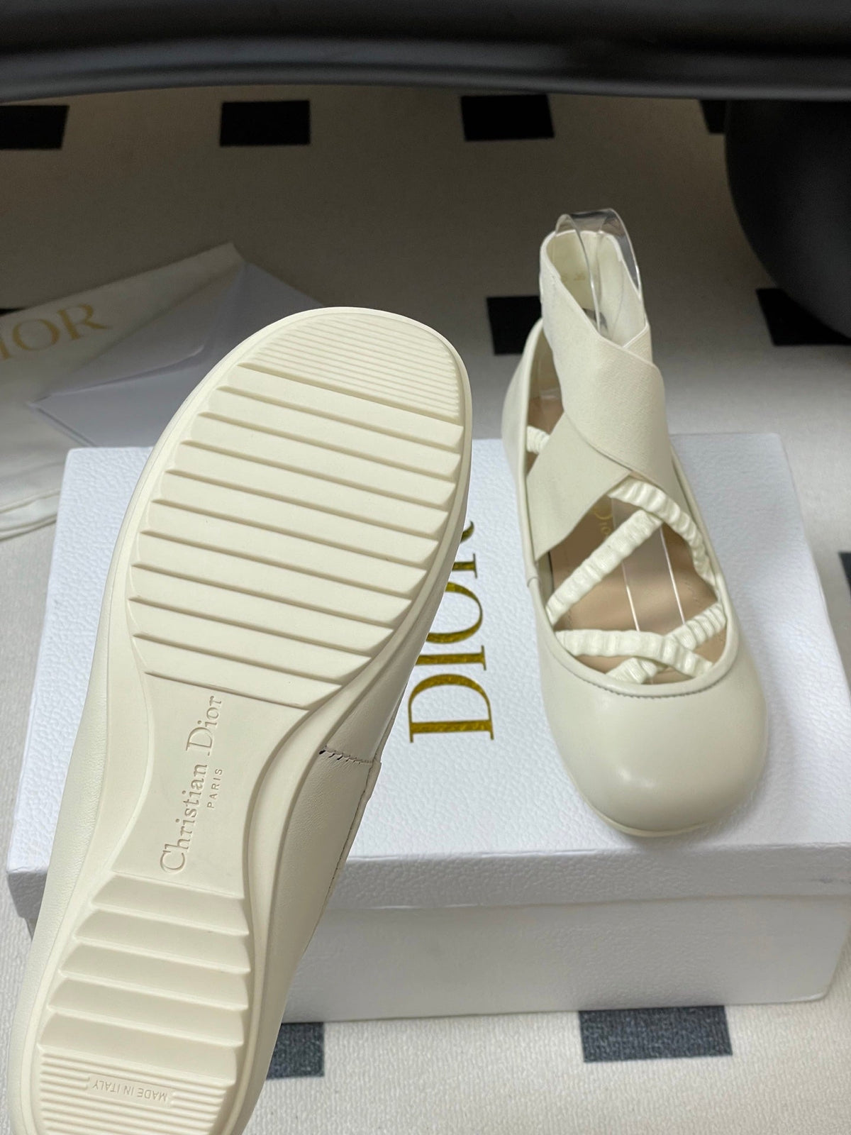 Dior Stretch Ballet Flats 25S in Cream White Lambskin with Crossed Straps