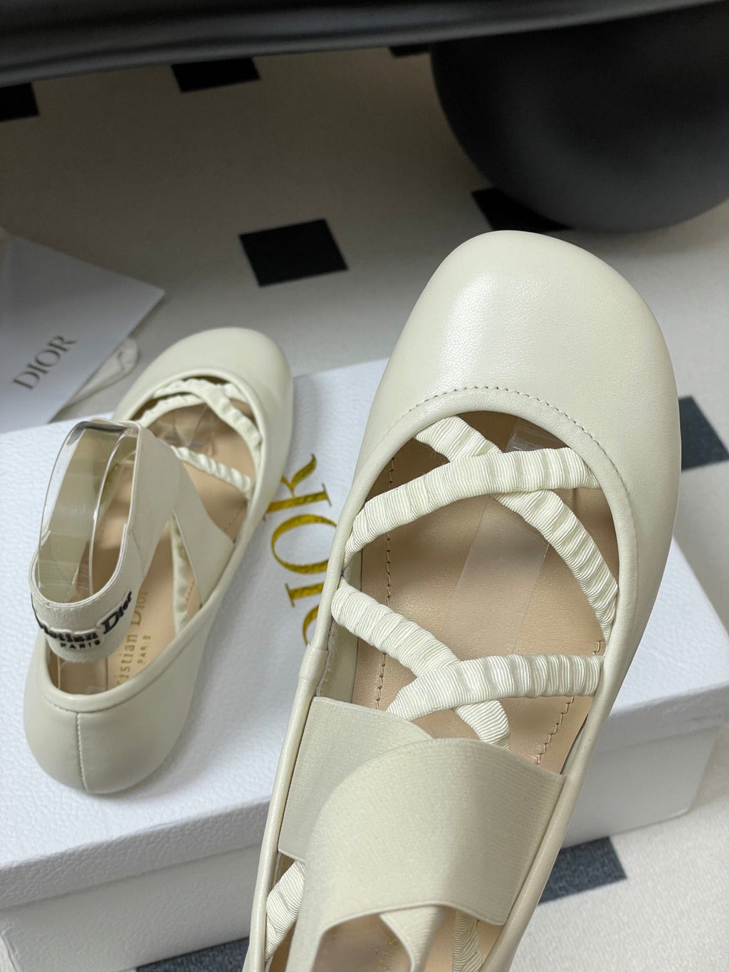 Dior Stretch Ballet Flats 25S in Cream White Lambskin with Crossed Straps