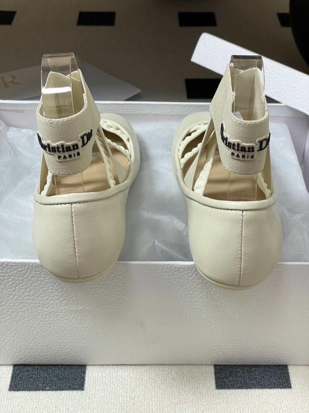 Dior Stretch Ballet Flats 25S in Cream White Lambskin with Crossed Straps