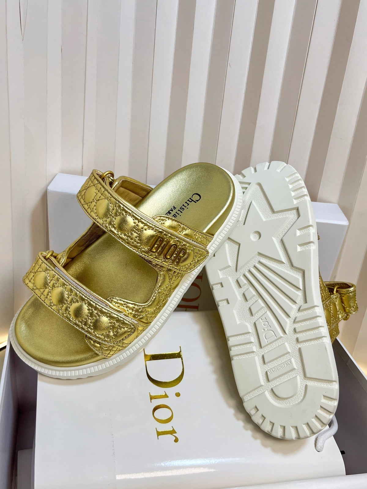 Dior Act Slides 25mm in Gold Patent Calfskin