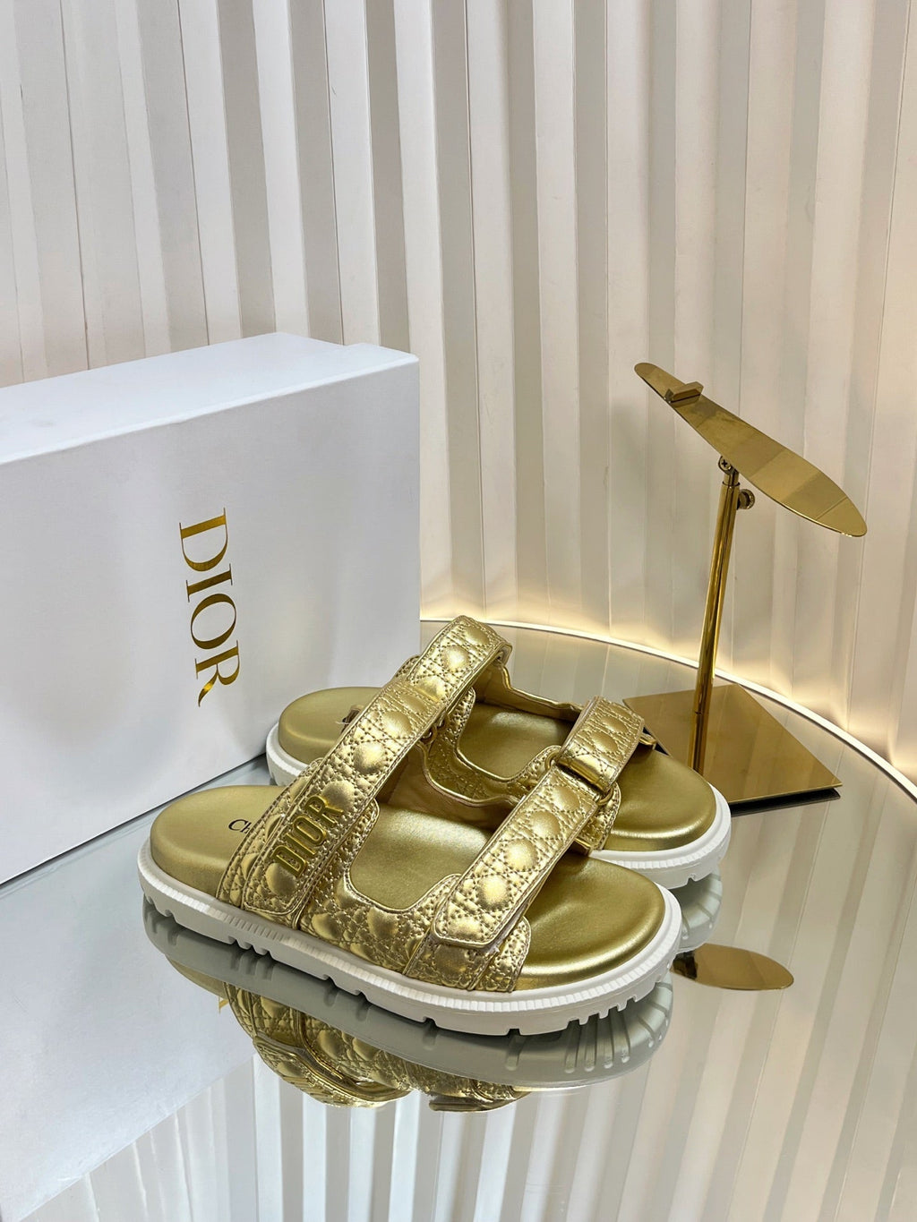 Dior Act Slides 25mm in Gold Patent Calfskin