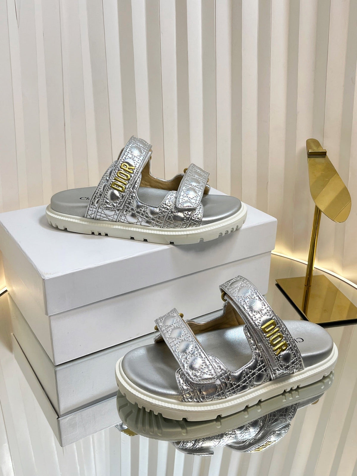 Dior Act Slides 25mm in Silver Patent Calfskin