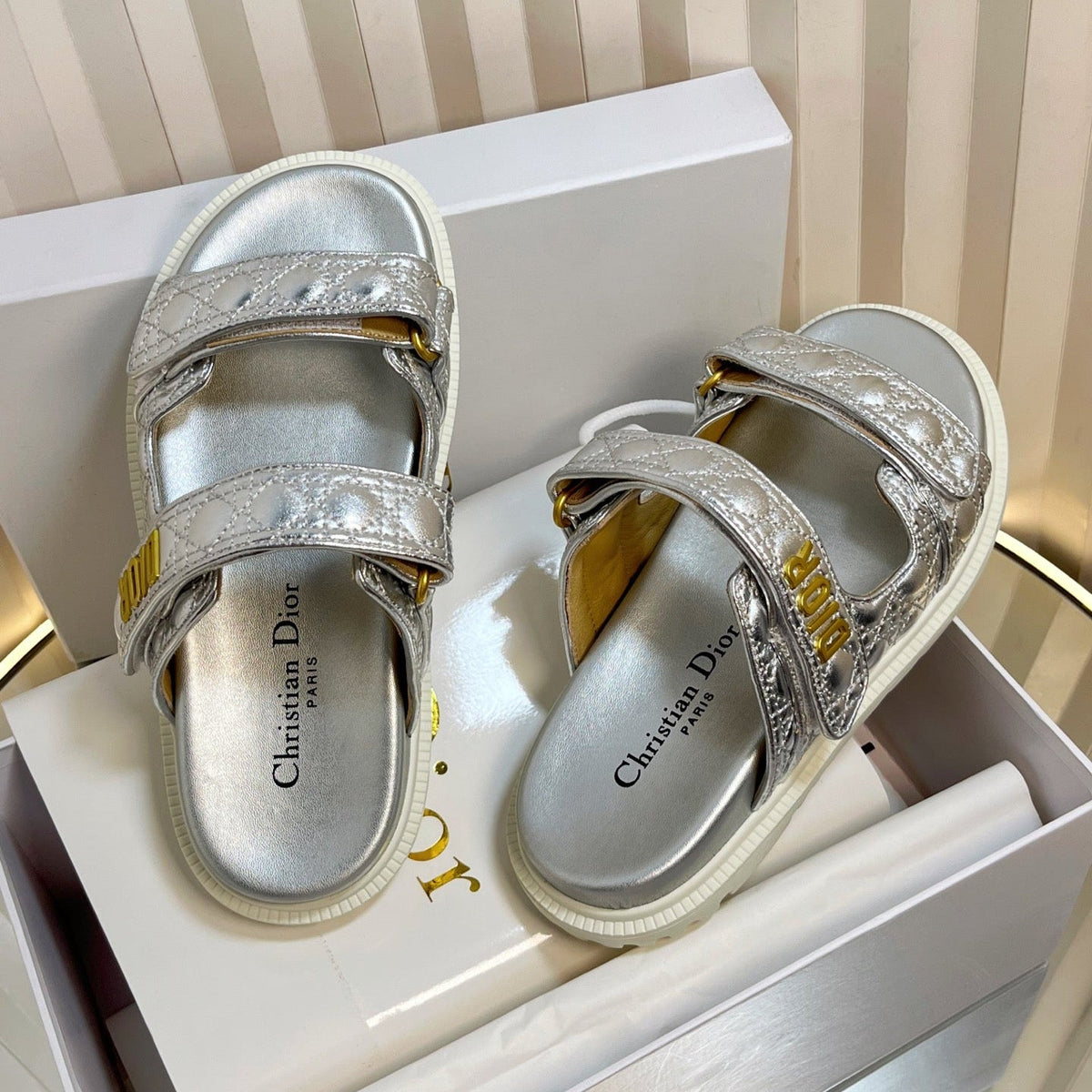 Dior Act Slides 25mm in Silver Patent Calfskin