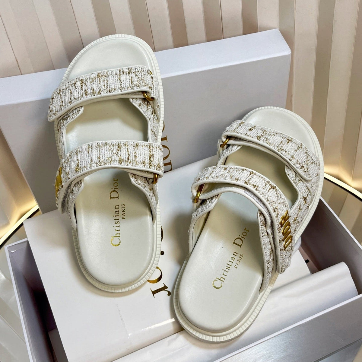Dior Act Slides 25mm in White and Gold Tweed